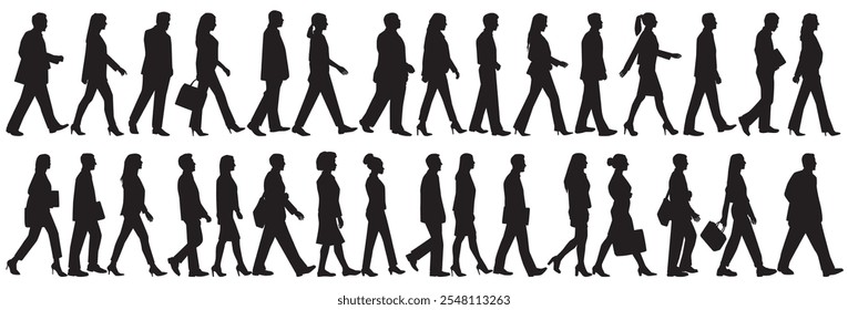 silhouettes of business people, men and a women, a group of walking people, profile, black color isolated on white background