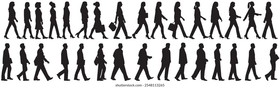 silhouettes of business people, men and a women, a group of walking people, profile, black color isolated on white background