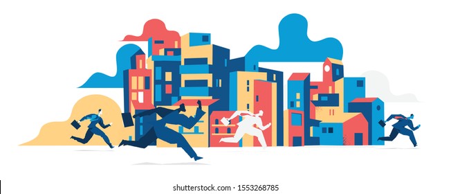 Silhouettes of business people running with briefcases on city buildings background. Vector illustration isolated on white background 