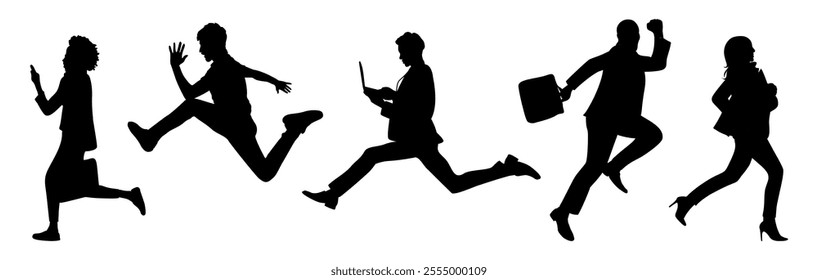 Silhouettes of business people running, jumping, winning full length front, side view. Vector black monochrome outline illustration isolated on white background . Avatar, icons for website.