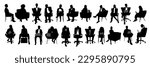 Silhouettes of business people sitting, men and women sit on armchair, office chair with laptop, tablet, front, side view. Vector illustration isolated black on white background. Icons set, bundle
