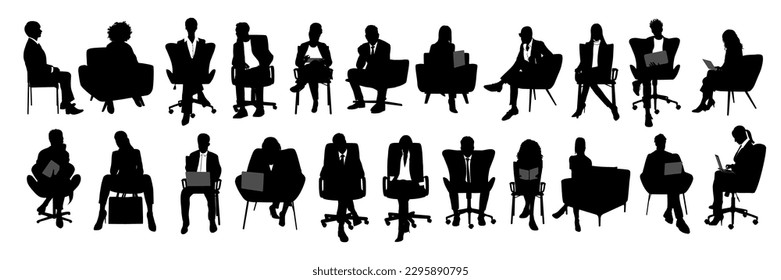 Silhouettes of business people sitting, men and women sit on armchair, office chair with laptop, tablet, front, side view. Vector illustration isolated black on white background. Icons set, bundle