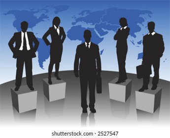 Silhouettes of business people standing in front of a world map