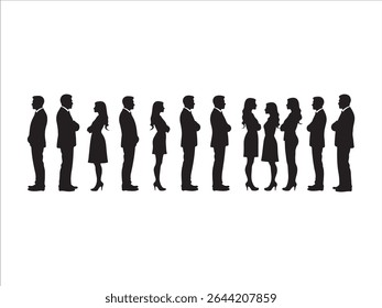Silhouettes of business people standing in line isolated on a white background