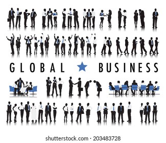 Silhouettes of Business People and the Text Global Business