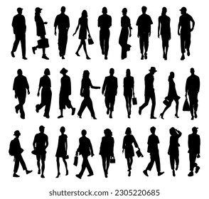 Silhouettes of business people walking, men and women full length front, side, back view. Vector illustration isolated black on white background . Avatar, icons for website