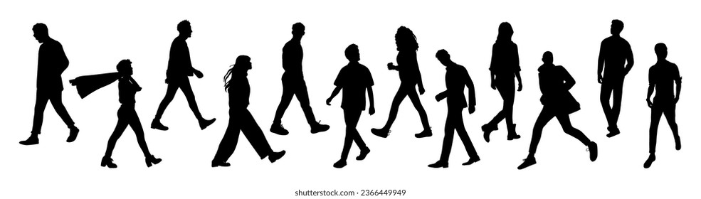 Silhouettes of business people walking, men and women full length front, side, back view. Vector illustration isolated black on white background. Hand drawn vector. Not created with AI.