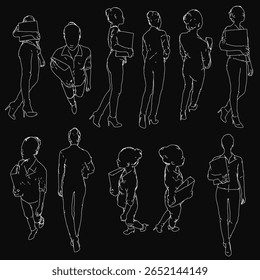 Silhuetas de empresários caminhando em várias poses, cada uma segurando um arquivo. As figuras pretas se destacam contra o fundo escuro, criando um contraste impressionante. Uma garota é incluída no set.