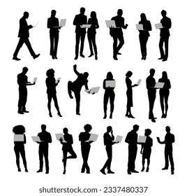 Silhouettes of business people working at laptop, different men and women standing full length with computer. Vector illustration isolated black on white background . Avatar, icons for website