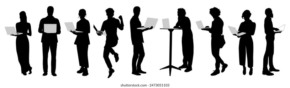 Silhouettes of Business people working at laptop. Different men and women standing, walking, using computer. Vector monochrome illustrations isolated on white background.	