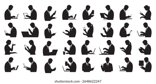 Silhouettes of Business People Working on Laptops and Smartphones in Various Poses for Business and Technology Themed Designs