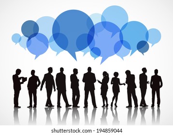 Silhouettes of Business People Working and Speech Bubble