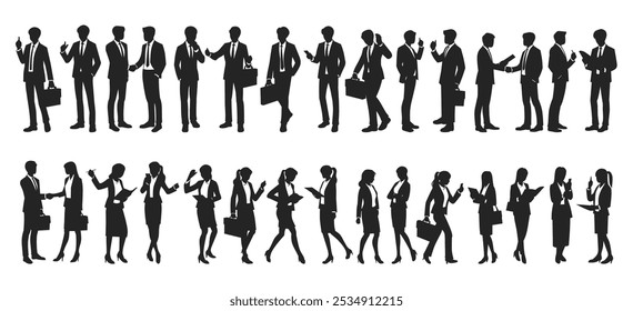 Silhouettes of business professionals engaged in various gestures and interactions, in formal attire.