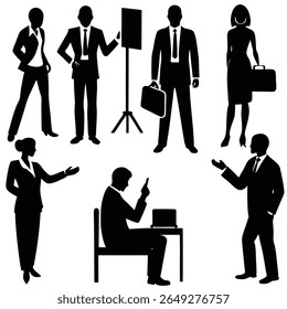 Silhouettes of business professionals in various poses, including standing, sitting at a desk, and holding briefcases, against a white background.
