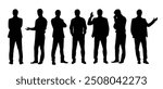 Silhouettes of Businessman character in different poses. Business man in formal suit standing front, back, rear, side view, pointing, thinking. Vector black illustrations on white background