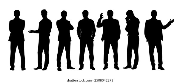 Silhouettes of Businessman character in different poses. Business man in formal suit standing front, back, rear, side view, pointing, thinking. Vector black illustrations on white background