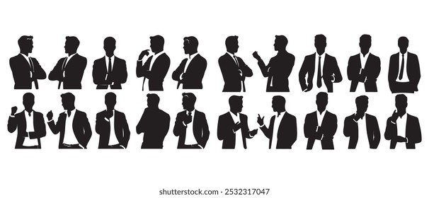 Silhuetas do personagem do homem de negócios em poses diferentes. Homem de negócios de terno formal de pé frente, trás, traseira, vista lateral, apontando, pensando. Ilustrações em preto vetorial sobre fundo branco