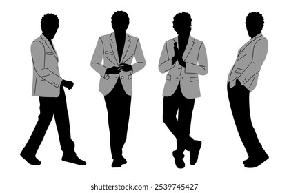 Silhouettes of Businessman character in different poses. Black business man in formal suit standing, walking front, side view. Vector outline monochrome illustration isolated on white background