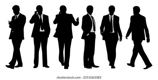 Silhouettes of Businessman character in different poses. Business man in formal suit standing, walking, front, back, side view, using phone. Vector set isolated on white background.