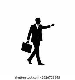 Silhouettes of businessman characters in different poses. Business man in formal suit standing front, back, rear, side view, pointing, thinking. Vector black illustrations on white background