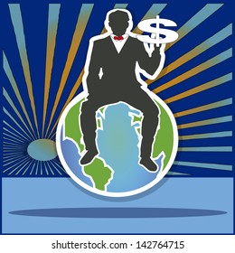Silhouettes of businessman holding the symbol of money sitting in the world, with stripes and blue background