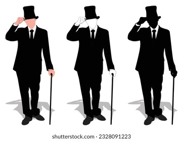 silhouettes Businessman with Top Hat and walking stick in a suite vector illustration