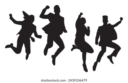 Silhouettes of Businessman or woman character in different poses, office salary man worker jumping on celebrate. monochrome illustrations on white background.