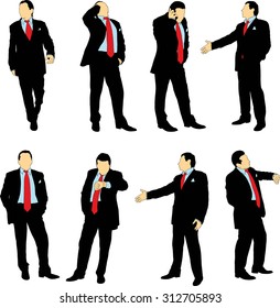 Silhouettes of businessmen in business suit in different situations on a white background. The color can be easily changed