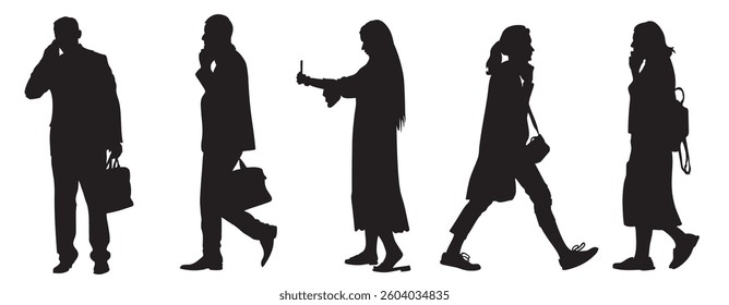 Silhouettes of businessmen and women talking on phones. Black items isolated on white background. Vector illustration.