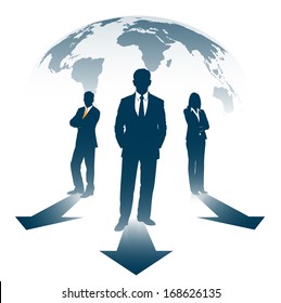 silhouettes of businesspeople on the background of the planet before the index