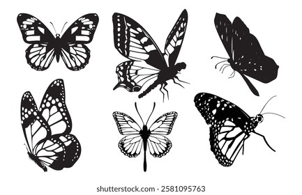 Silhouettes of butterflies. Black pictures of funny butterflies