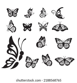 Silhouettes of butterflies. Black pictures of  butterflies. Insect butterfly black silhouette, winged gorgeous animal, vector illustration