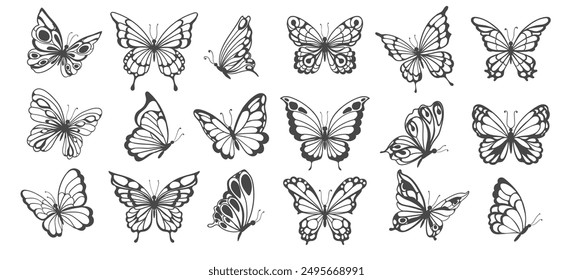 Silhouettes of butterflies. Monochrome Insect butterfly black winged gorgeous insect set isolated vector illustration