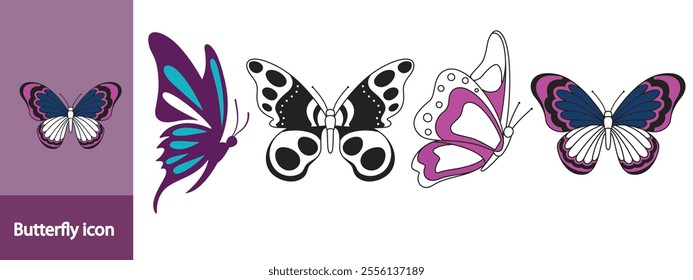 Silhouettes of butterflies. Monochrome Insect butterfly black winged gorgeous insect set isolated vector illustration