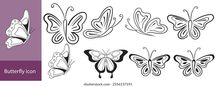 Silhouettes of butterflies. Monochrome Insect butterfly black winged gorgeous insect set isolated vector illustration