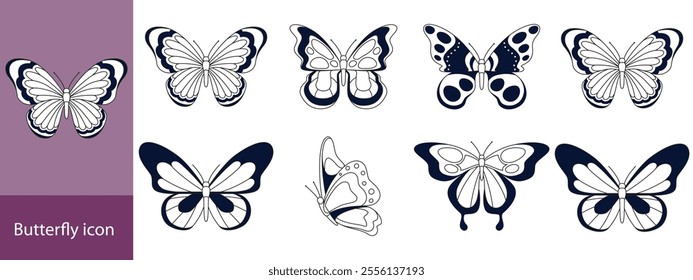 Silhouettes of butterflies. Monochrome Insect butterfly black winged gorgeous insect set isolated vector illustration