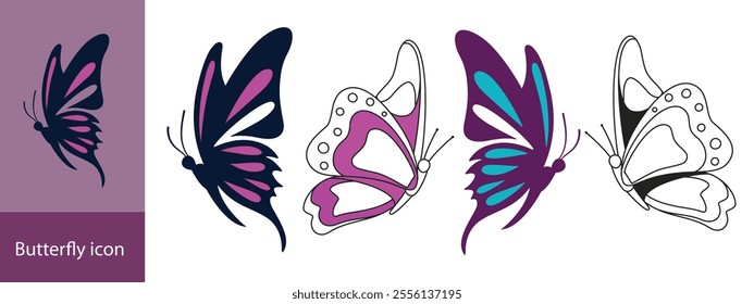 Silhouettes of butterflies. Monochrome Insect butterfly black winged gorgeous insect set isolated vector illustration