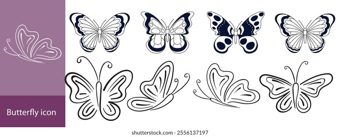 Silhouettes of butterflies. Monochrome Insect butterfly black winged gorgeous insect set isolated vector illustration