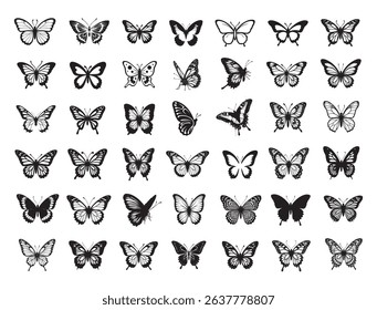 Silhouettes of butterflies. Monochrome Insect butterfly black winged gorgeous insect set isolated vector illustration