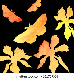 silhouettes of butterflies and narcissus in watercolor, hand drawn vector illustration