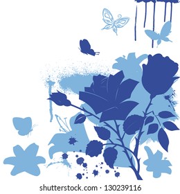 Silhouettes of butterflies and roses on white background