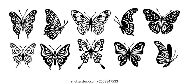 Silhuetas de borboletas ajustadas. Desenho preto de diferentes borboletas, mariposas. Insetos voadores tropicais alados exóticos. Elementos de design decorativo de vetor monocromático isolados em fundo branco.