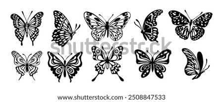 Silhouettes of butterflies set. Black drawing of different butterflies, moths. Winged exotic tropical flying insects. Monochrome vector decorative design elements isolated on white background.