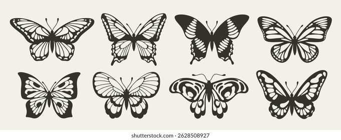 Silhouettes of butterflies. Set of doodle icons of insects with beautiful wings. Design elements for tattoos and logos. Black and white vector illustration collection isolated on background