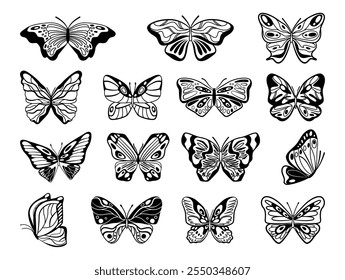 Silhouettes of butterflies. Vector isolated monochrome winged insect with antennae, flying spring and summer moth collection. Creatures with wings, plant pollinators. Wildlife, fauna and surrounding