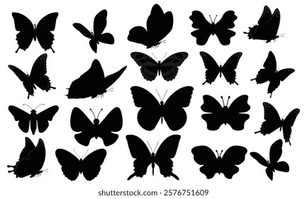 Silhouettes of butterfly. Stencil of moth wings or insects. Engraving of tropical animals. Isolated  icons set