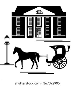 Silhouettes of the cab with a horse, the old house, lantern.