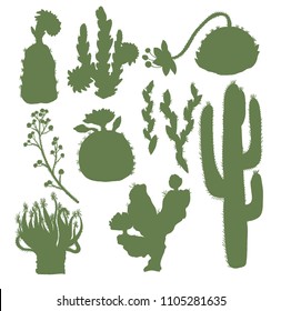 Silhouettes of cacti with flowers isolated on a white background. 