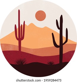 Silhouettes of cactus. Beautiful landscape of desert with cactus and mountains. Aesthetic background with desert landscape, sun and sand dunes. 