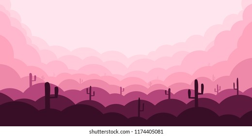 Silhouettes of the cactus in the desert. Cloudy landscape in abstract style